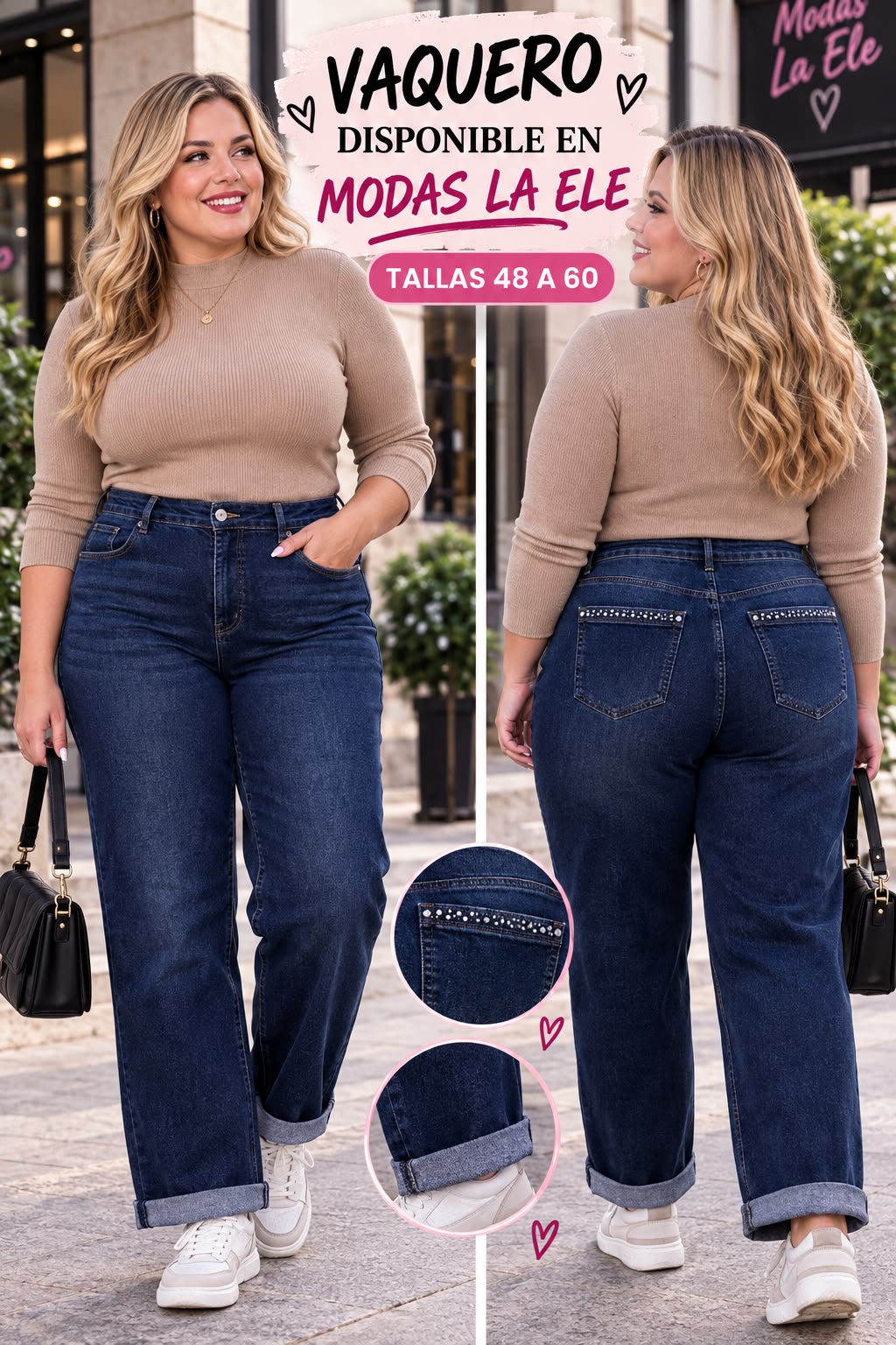 MODAS LA ELE PANTALÓN VAQUERO MOM FIT AZUL BRILLITOS EN BOLSILLO TALLA ESPECIAL MONICA